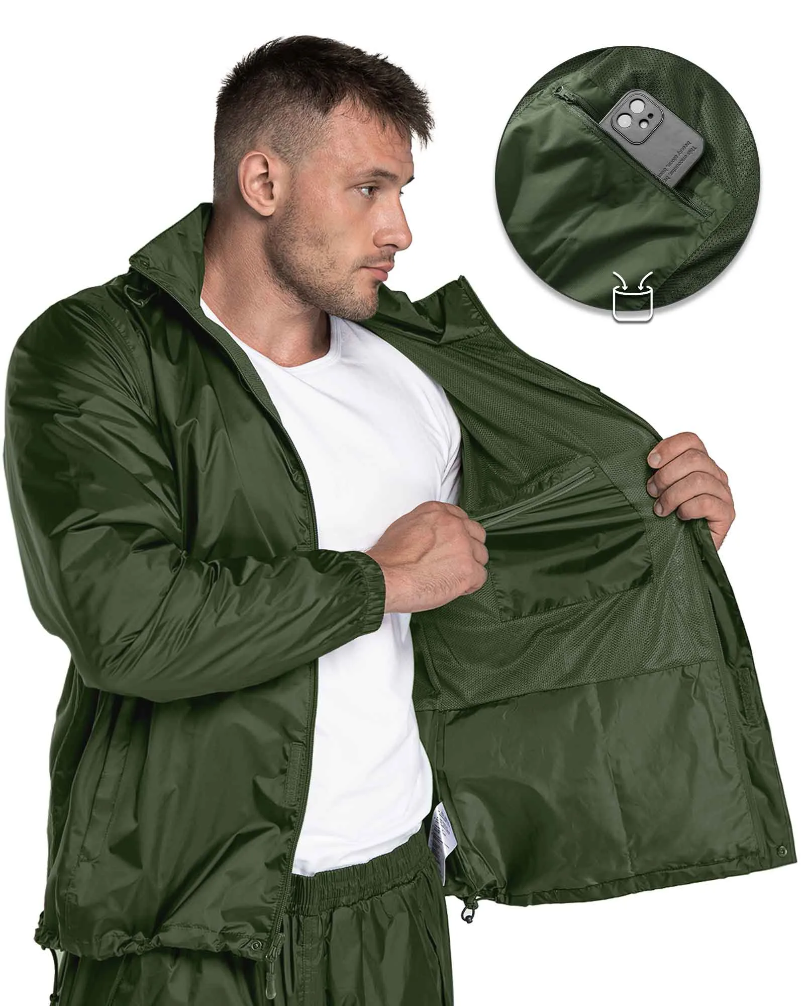 1.39 lbs 5000mm W/P Index 3000 Level Breathable Men's Packable Rain Suit with 5 Pockets and Reflective Design