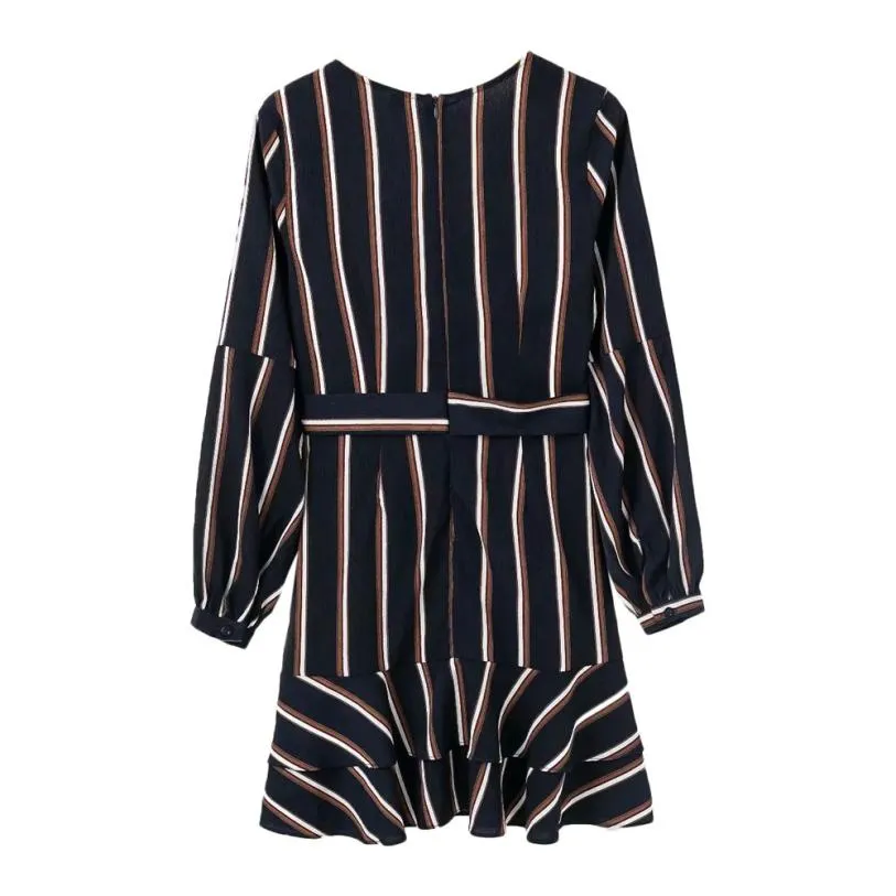 Asymmetrical Lantern Sleeve Striped V-Neck Ruffle Dress