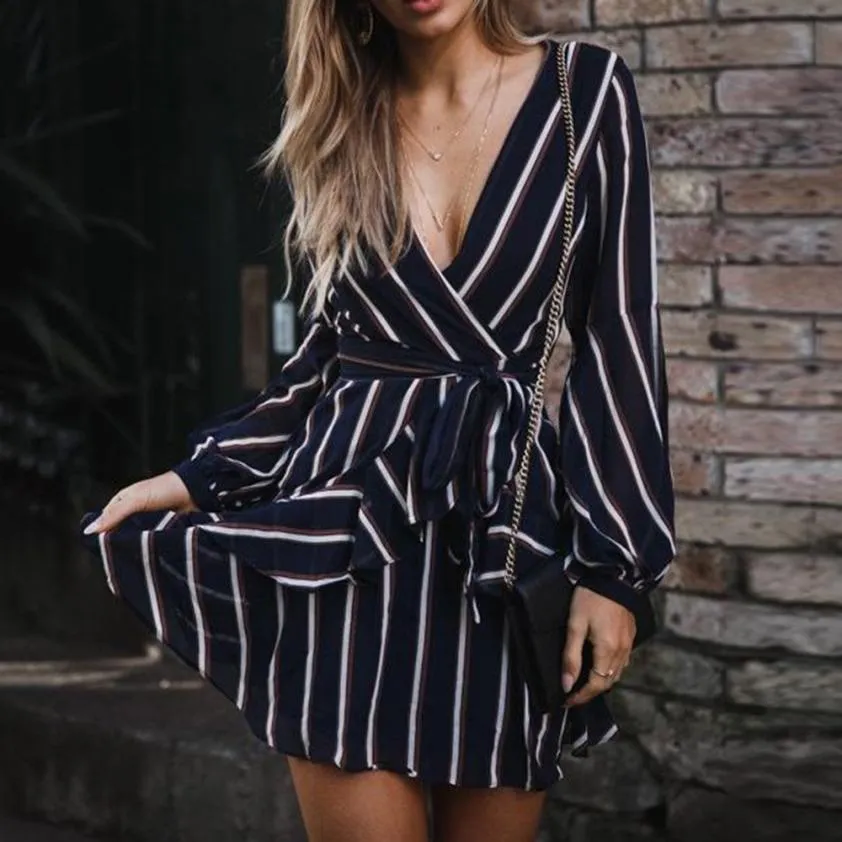 Asymmetrical Lantern Sleeve Striped V-Neck Ruffle Dress