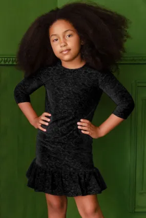 Black Velvet Jacquard Holiday Dress - Girls