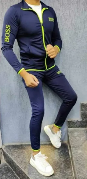 Branded Navy Blue Four Way Polyester Spandex Men's Tracksuits