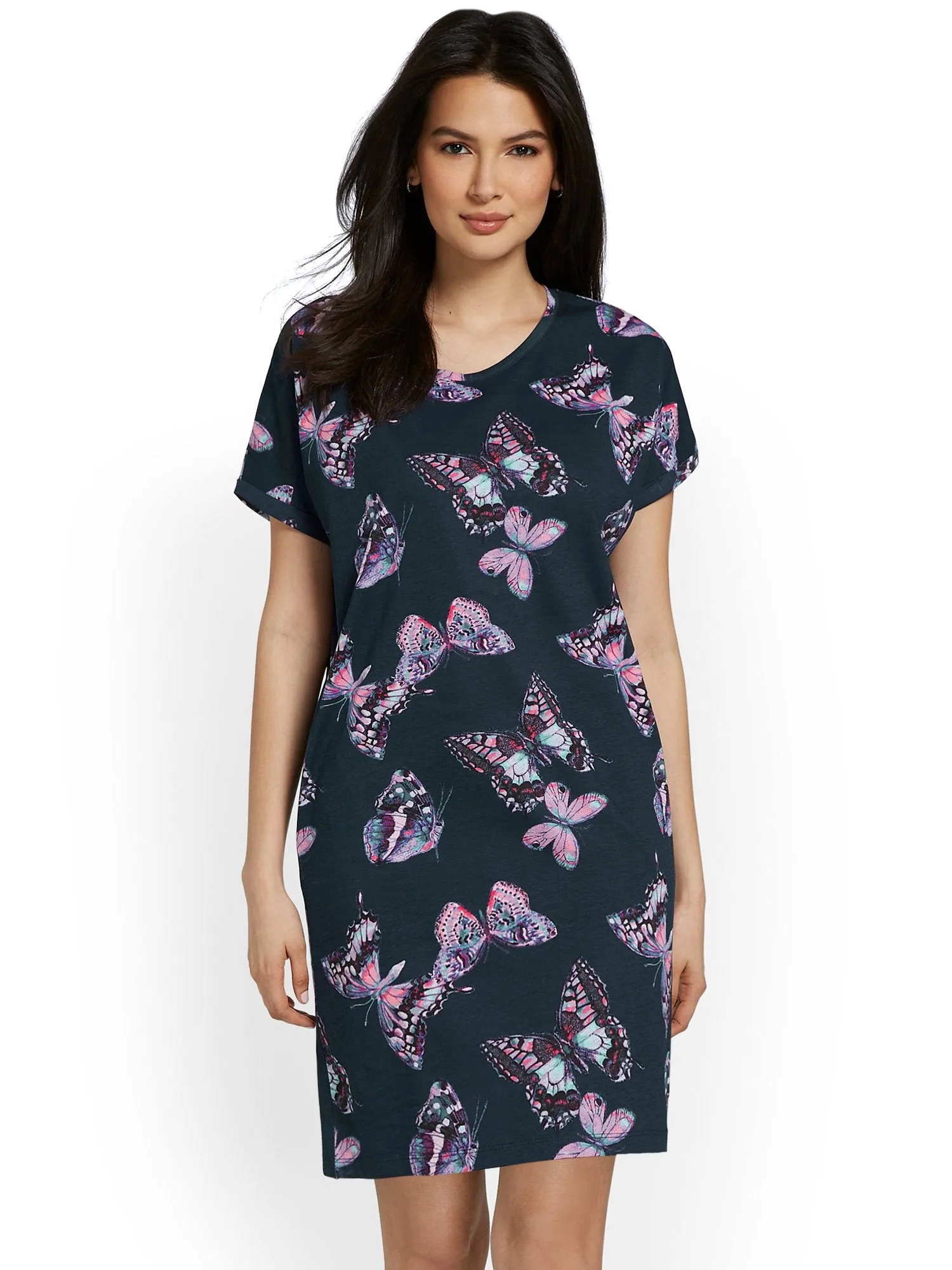 Butterfly-Print Crewneck Perfect Tee Dress