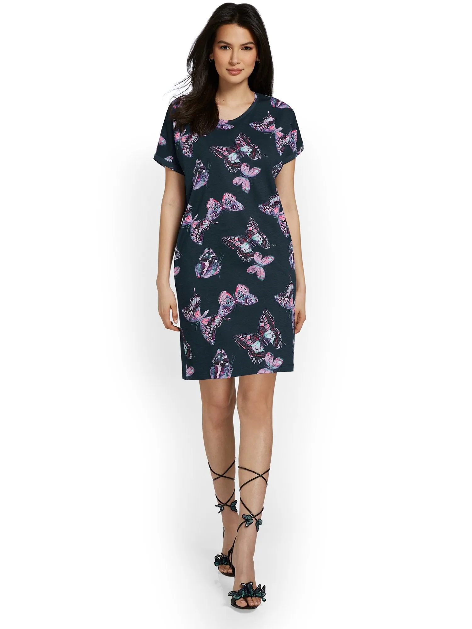 Butterfly-Print Crewneck Perfect Tee Dress