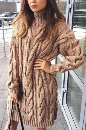 Cable Knit Turtleneck Sweater Dress