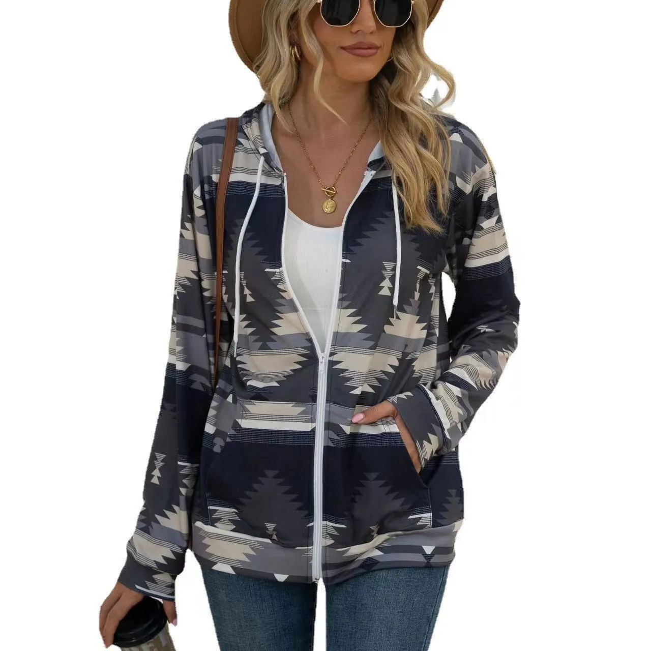 Chic Geometric Print Women's Zip-Up Hoodie Jacket - Loose Fit, Sports & Running Sweatshirt with Pocket