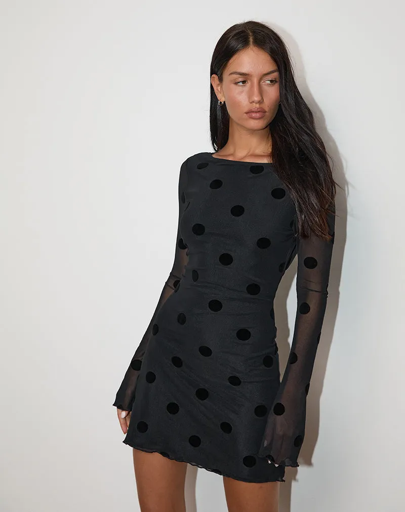 Dasa Long Sleeve Mini Dress in Big Polka Flock Black