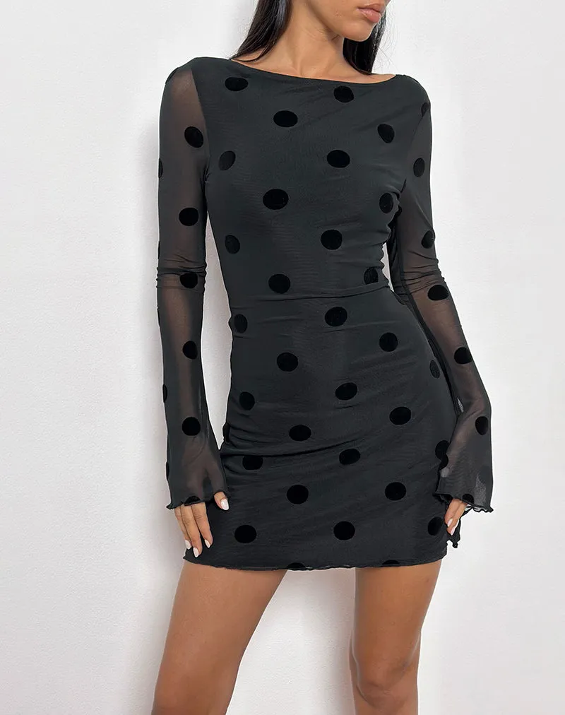 Dasa Long Sleeve Mini Dress in Big Polka Flock Black