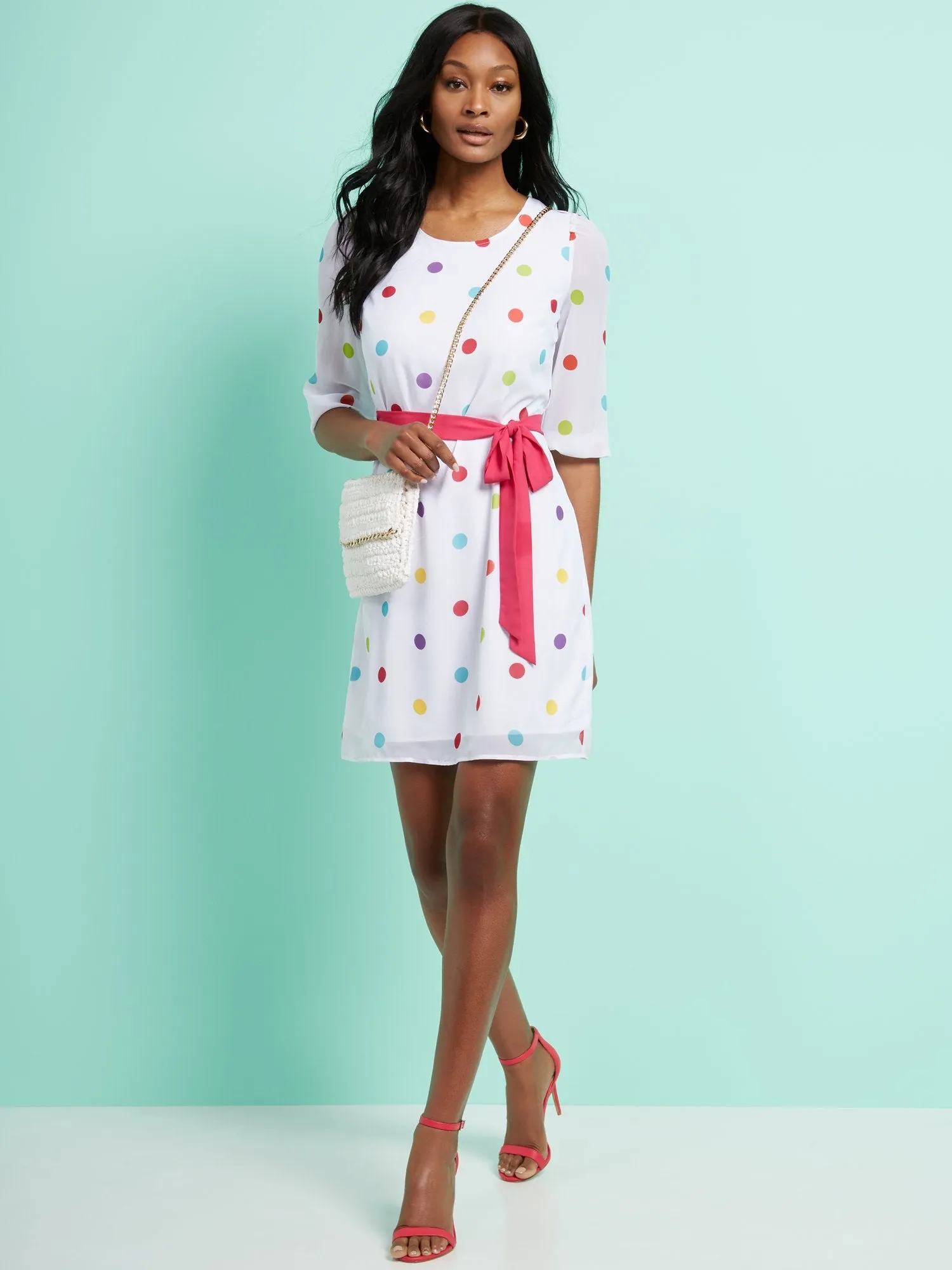 Dot-Print Belted Shift Dress