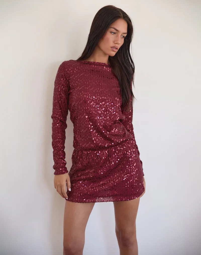 Jasilia Long Sleeve Mini Dress in Gauzy Sequin Red