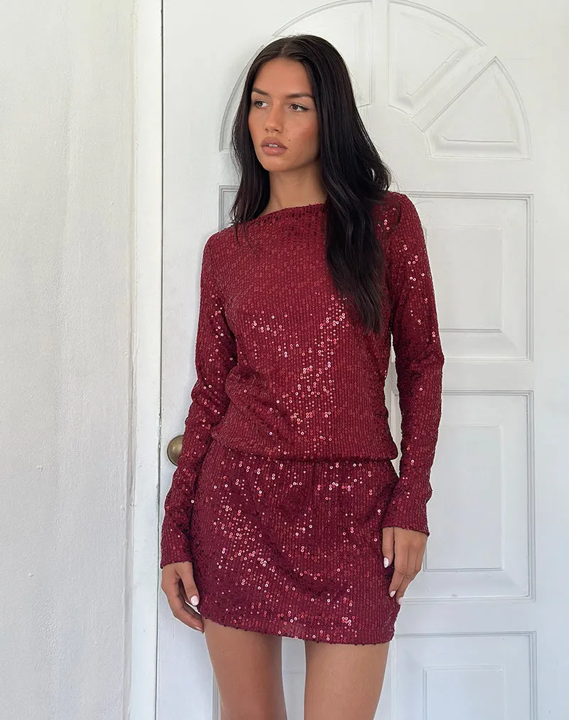 Jasilia Long Sleeve Mini Dress in Gauzy Sequin Red