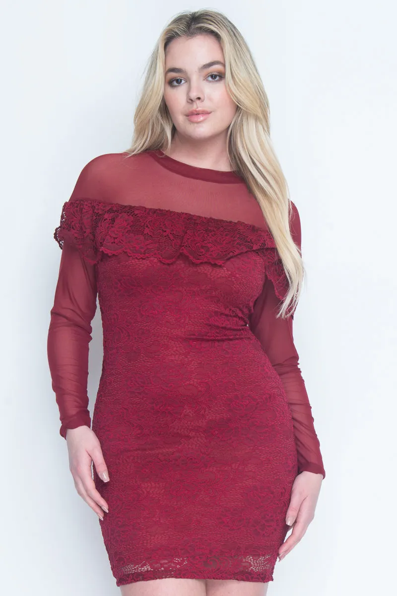 Long Sleeve High Neck Mini Dress with Sheer Yoke and Lace Ruffle, Full Lining (MD0761)