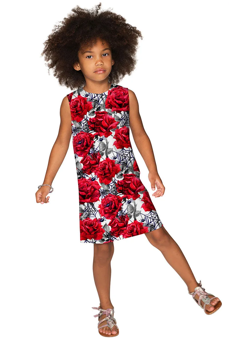 Mystic Reign Adele White Red Roses Print Halloween Shift Dress - Girls