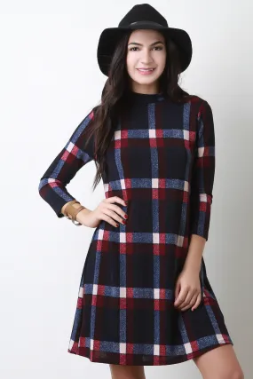 Plaid Mock Neck Shift Dress