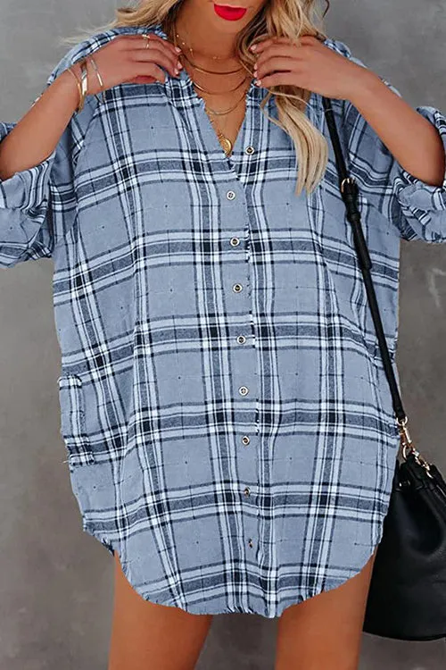 Plaid Pockets Button Up Shirt Dress