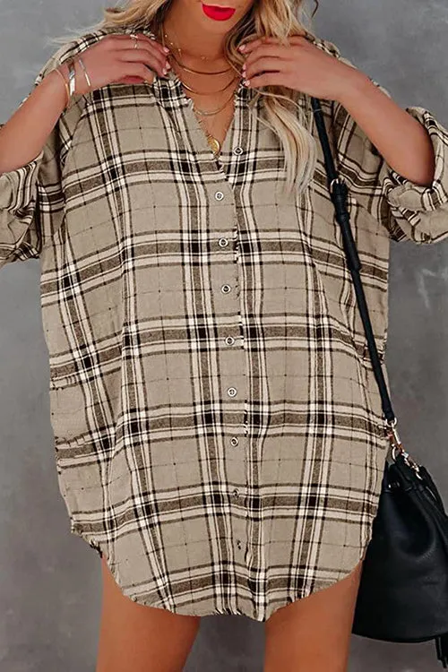 Plaid Pockets Button Up Shirt Dress