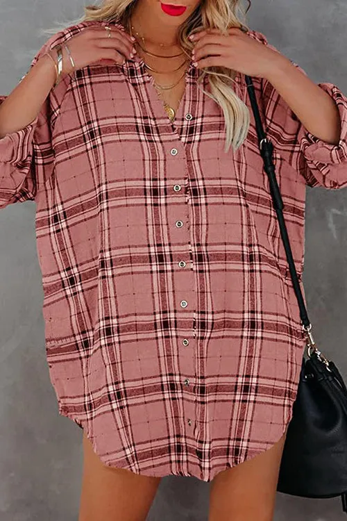 Plaid Pockets Button Up Shirt Dress