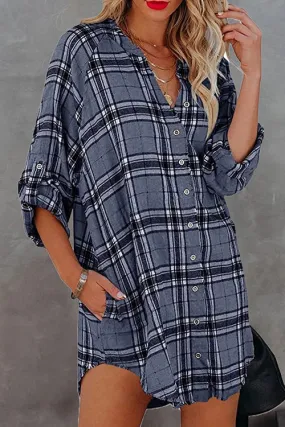 Plaid Pockets Button Up Shirt Dress