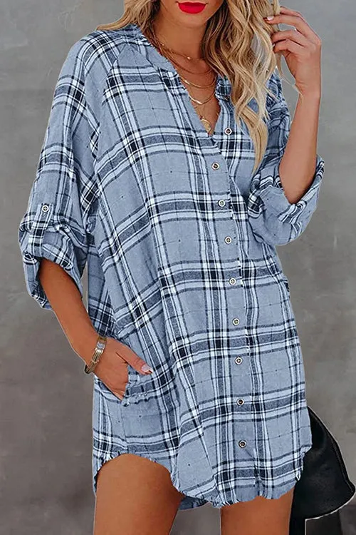 Plaid Pockets Button Up Shirt Dress