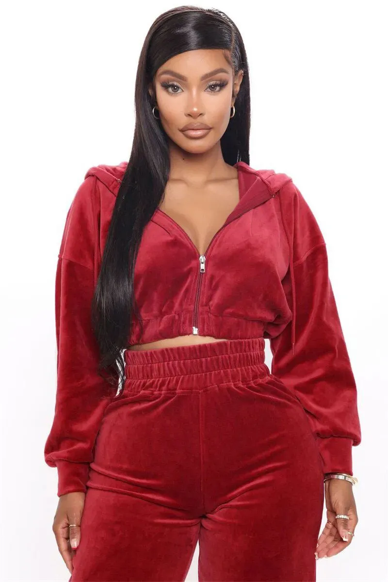 Soft Velvet 2Pcs Hooded Crop Tracksuits