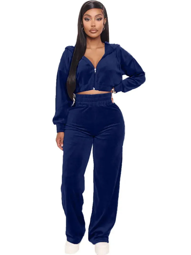 Soft Velvet 2Pcs Hooded Crop Tracksuits