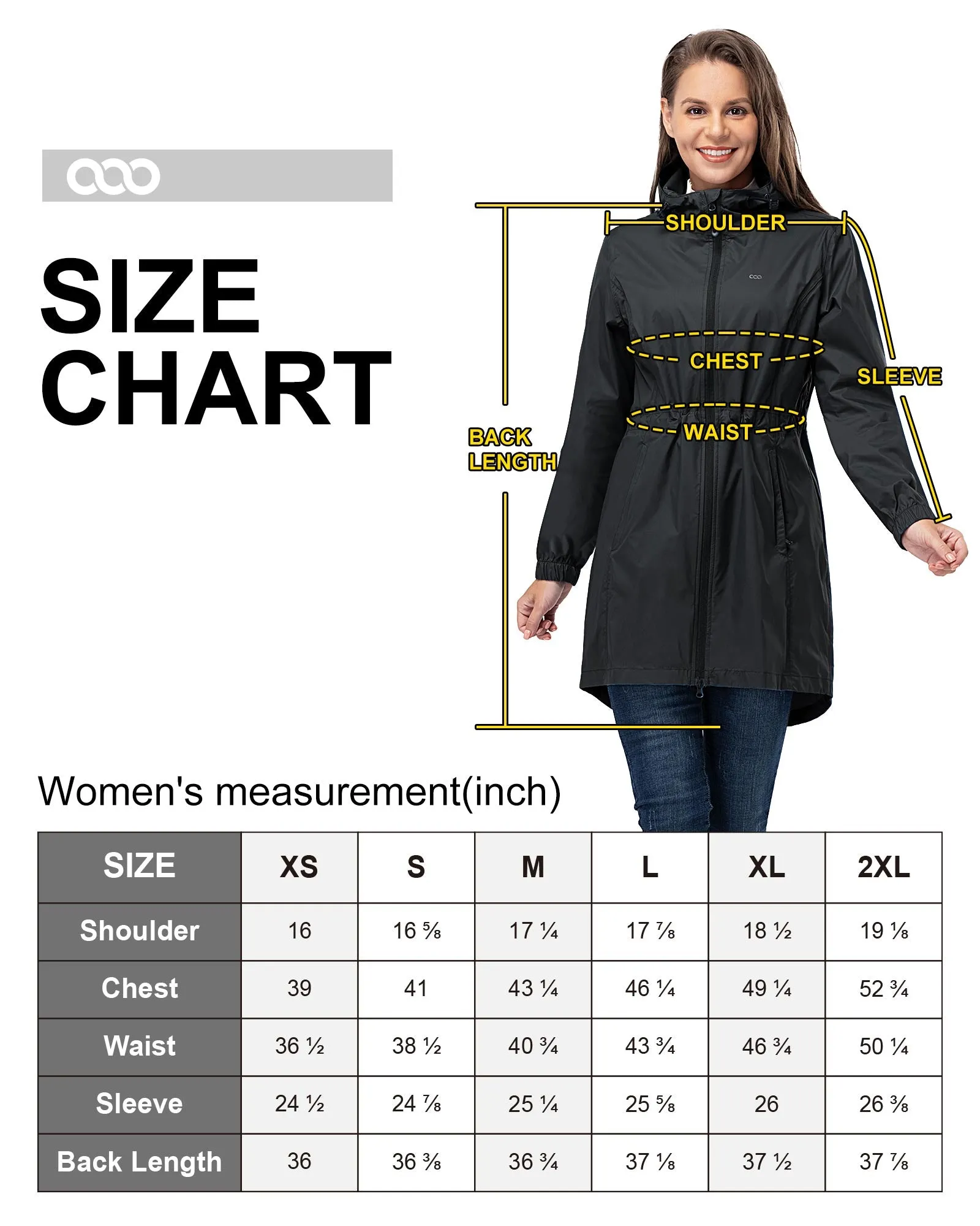 Women's Packable Long Rain Jacket with 2 Pockets: 0.55 lbs 3000mm W/P Index 2000 Level Breathable