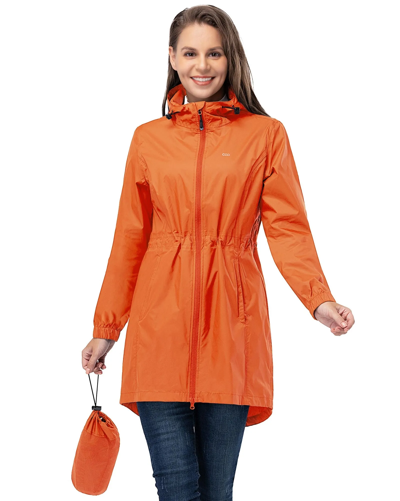 Women's Packable Long Rain Jacket with 2 Pockets: 0.55 lbs 3000mm W/P Index 2000 Level Breathable