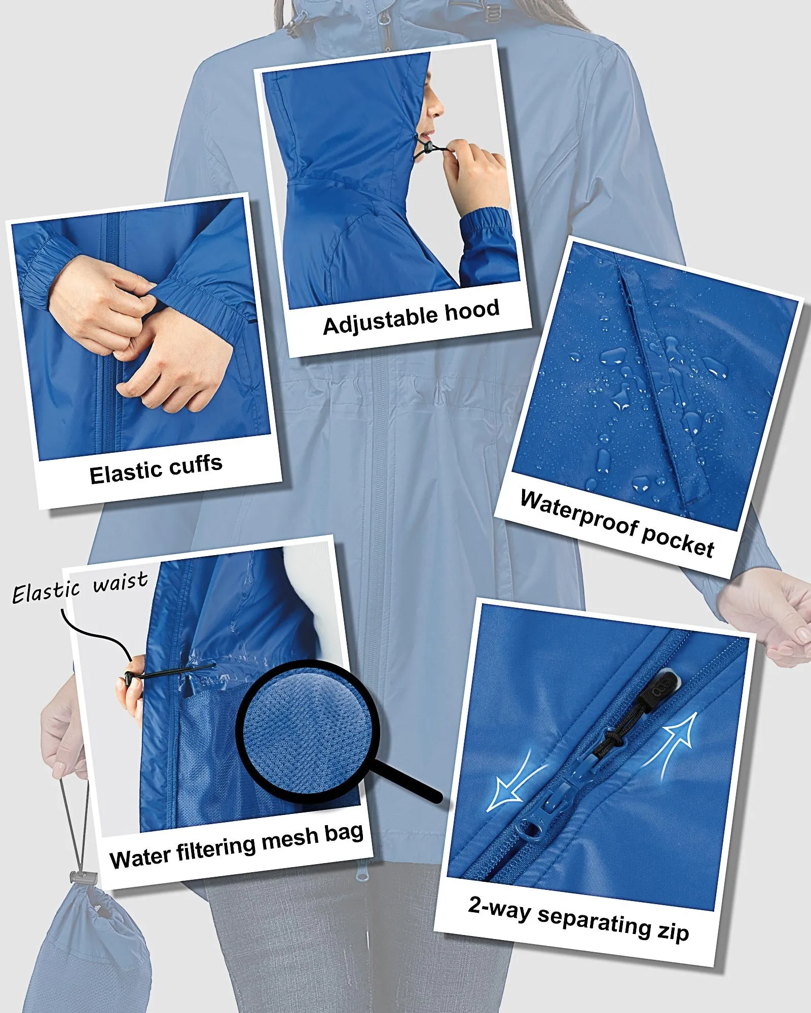 Women's Packable Long Rain Jacket with 2 Pockets: 0.55 lbs 3000mm W/P Index 2000 Level Breathable