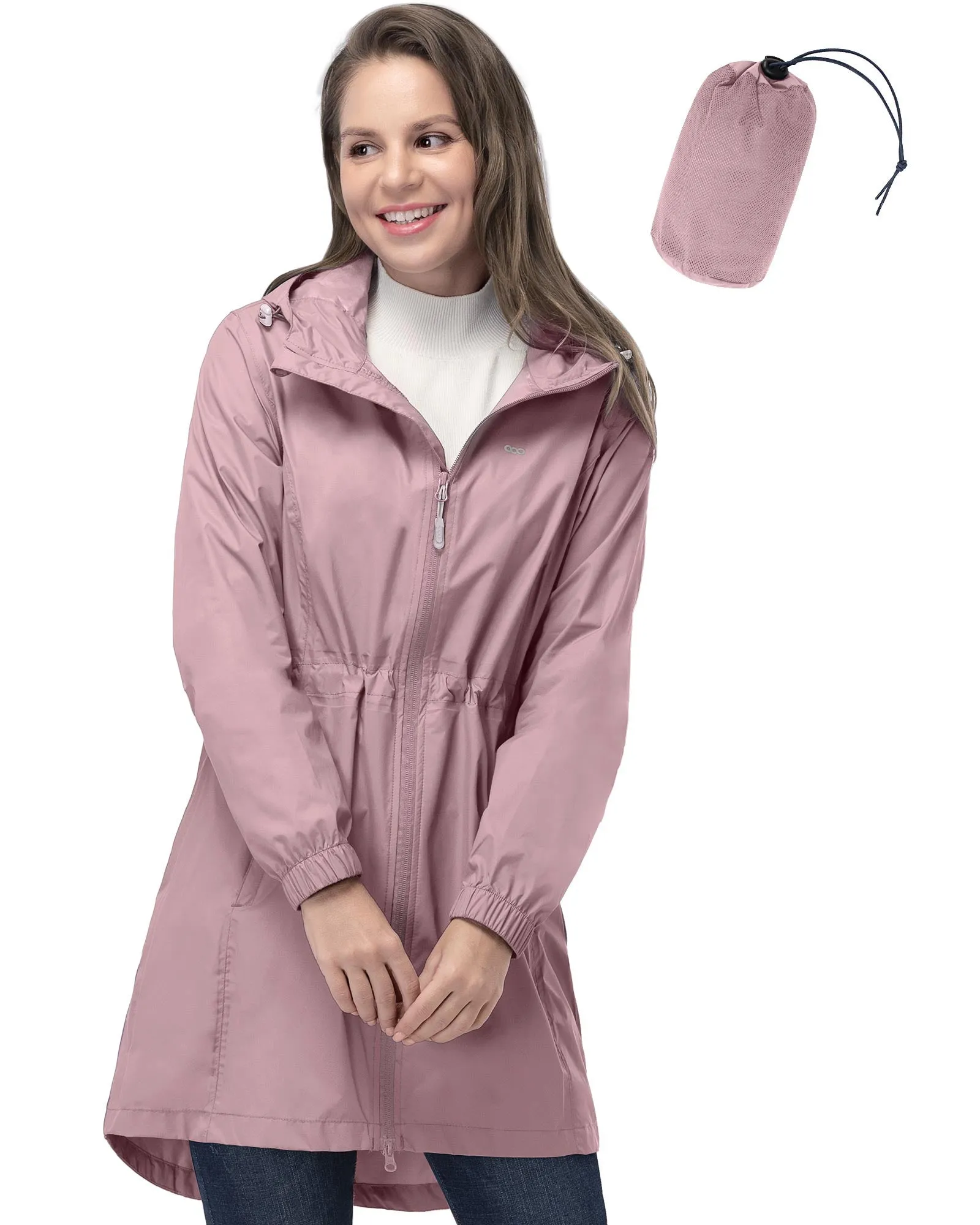 Women's Packable Long Rain Jacket with 2 Pockets: 0.55 lbs 3000mm W/P Index 2000 Level Breathable