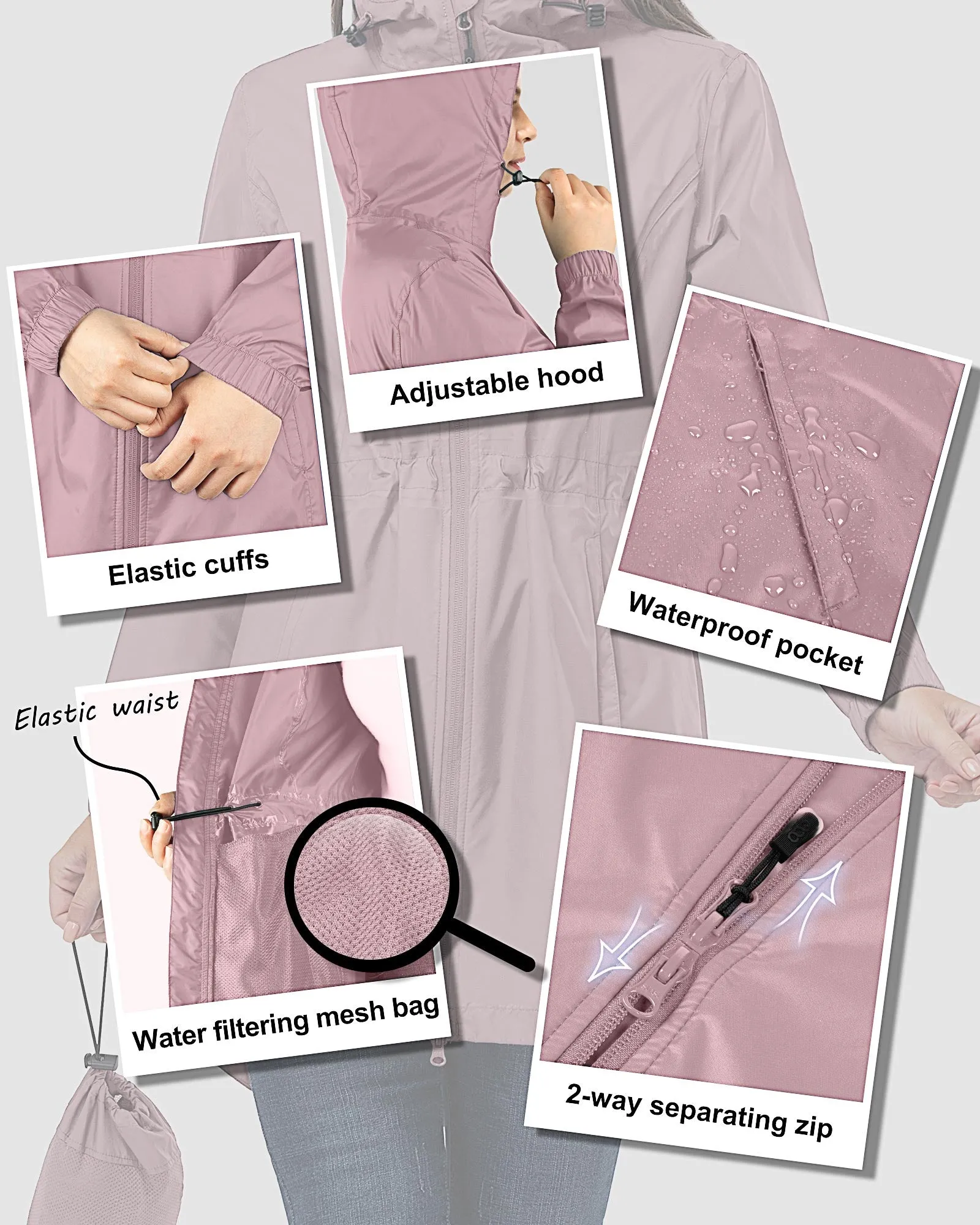 Women's Packable Long Rain Jacket with 2 Pockets: 0.55 lbs 3000mm W/P Index 2000 Level Breathable