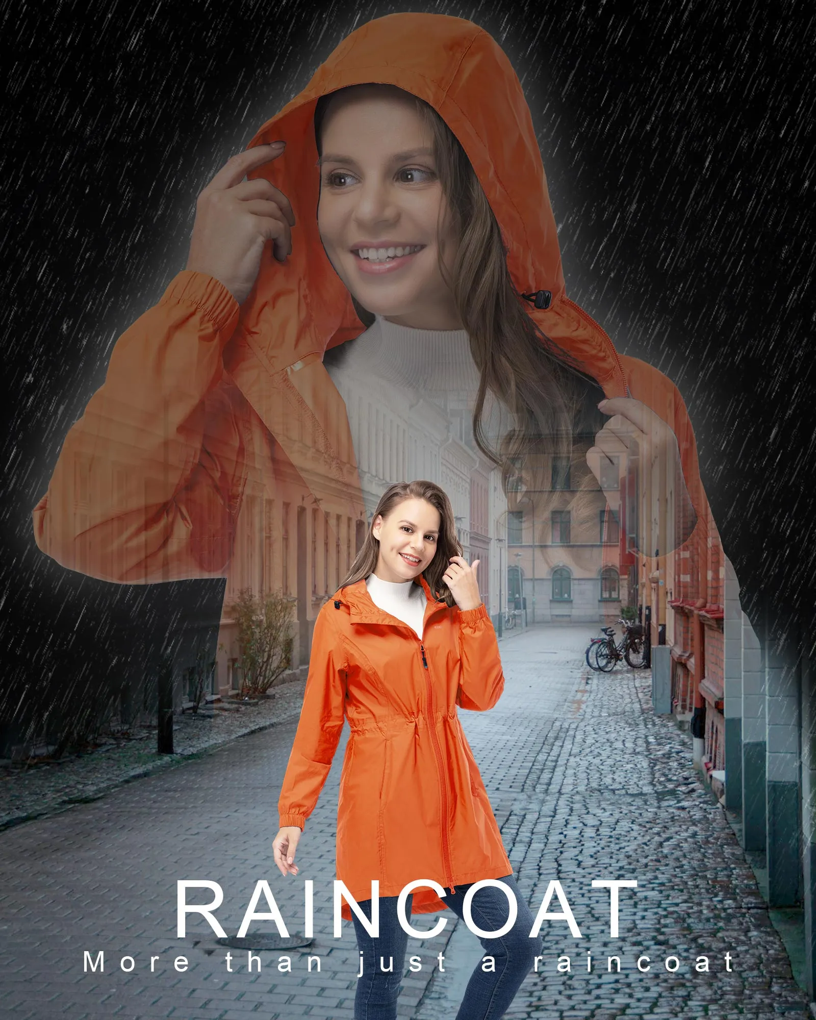 Women's Packable Long Rain Jacket with 2 Pockets: 0.55 lbs 3000mm W/P Index 2000 Level Breathable