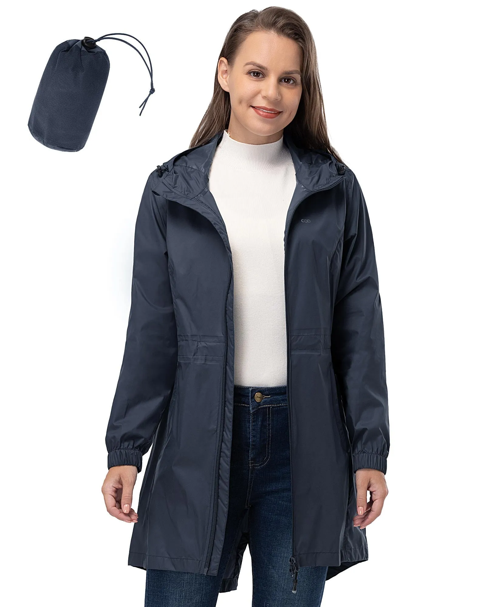 Women's Packable Long Rain Jacket with 2 Pockets: 0.55 lbs 3000mm W/P Index 2000 Level Breathable