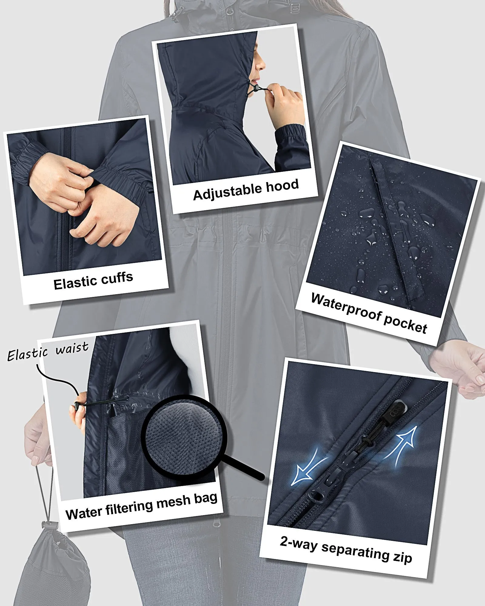 Women's Packable Long Rain Jacket with 2 Pockets: 0.55 lbs 3000mm W/P Index 2000 Level Breathable