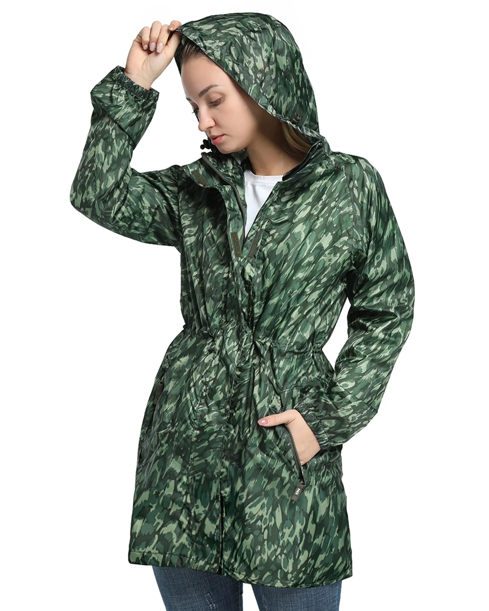 Women's Packable Long Rain Jacket with 2 Pockets: 0.55 lbs 3000mm W/P Index 2000 Level Breathable