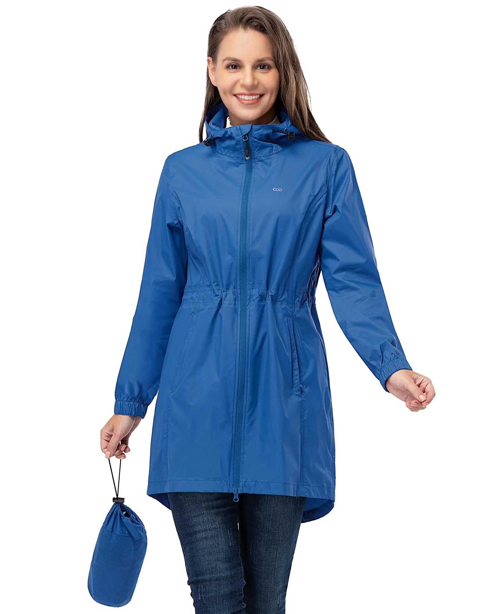 Women's Packable Long Rain Jacket with 2 Pockets: 0.55 lbs 3000mm W/P Index 2000 Level Breathable