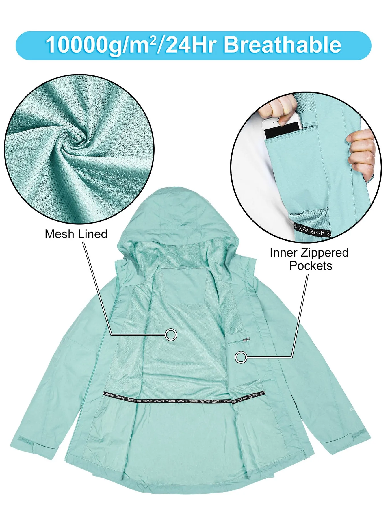 Women's Packable Rain Jacket with 4 Pockets: 1.10 lbs 10000mm W/P index 10000 Level Breathable