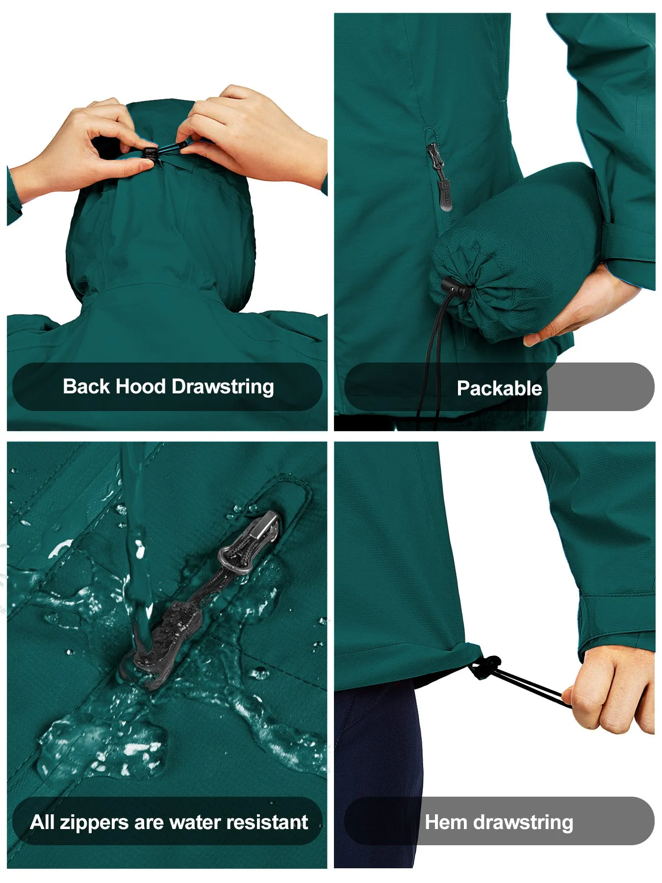 Women's Packable Rain Jacket with 4 Pockets: 1.10 lbs 10000mm W/P index 10000 Level Breathable