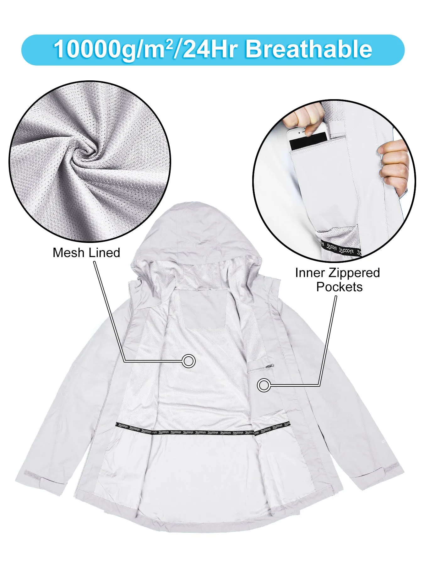 Women's Packable Rain Jacket with 4 Pockets: 1.10 lbs 10000mm W/P index 10000 Level Breathable