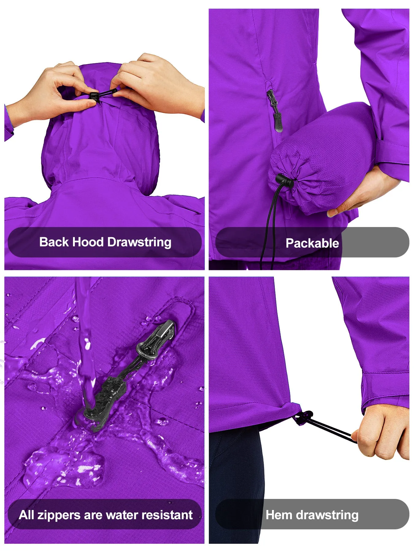 Women's Packable Rain Jacket with 4 Pockets: 1.10 lbs 10000mm W/P index 10000 Level Breathable