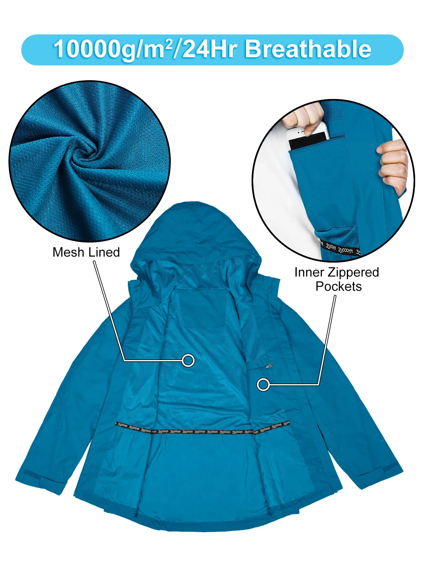 Women's Packable Rain Jacket with 4 Pockets: 1.10 lbs 10000mm W/P index 10000 Level Breathable