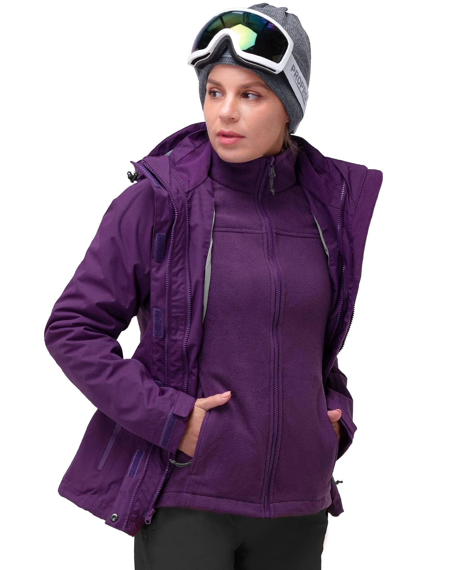 Women's Waterproof 3-IN-1 Ski Jacket, Warm Fleece Insulated Winter Snow Coat Windproof Rain Jackets Parka Hooded for Traveling Climbing Hiking