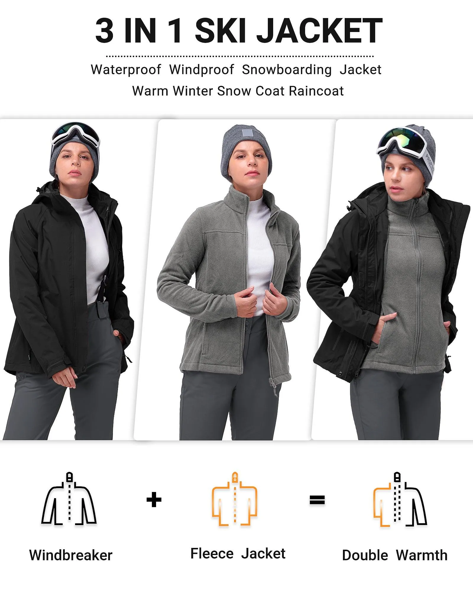 Women's Waterproof 3-IN-1 Ski Jacket, Warm Fleece Insulated Winter Snow Coat Windproof Rain Jackets Parka Hooded for Traveling Climbing Hiking